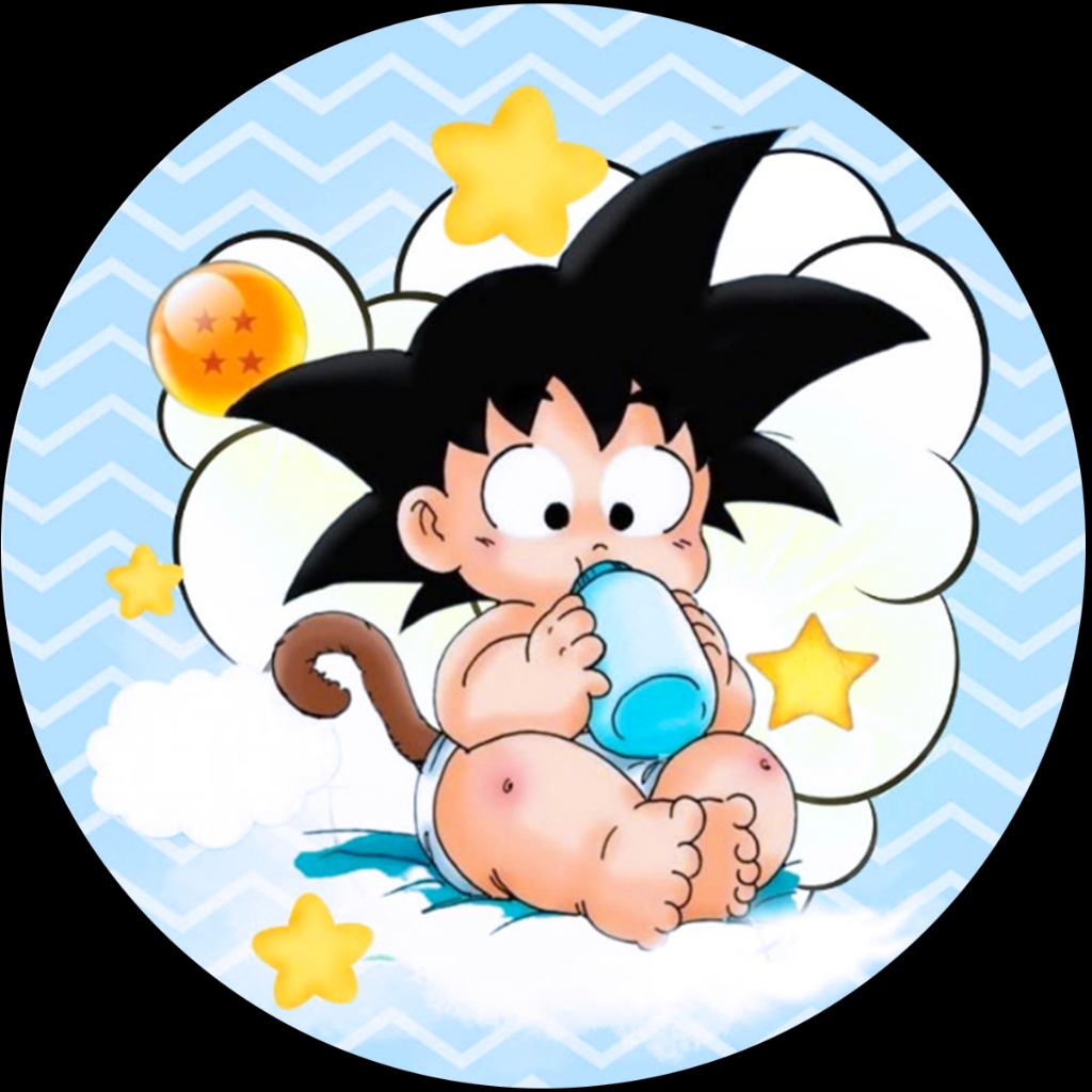 Bebé Goku tomando su biberón en la nube voladora