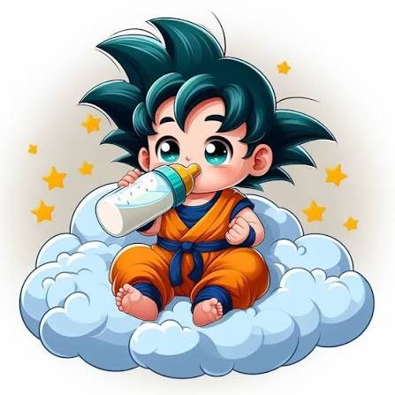 Bebé Goku con biberón en la nube
